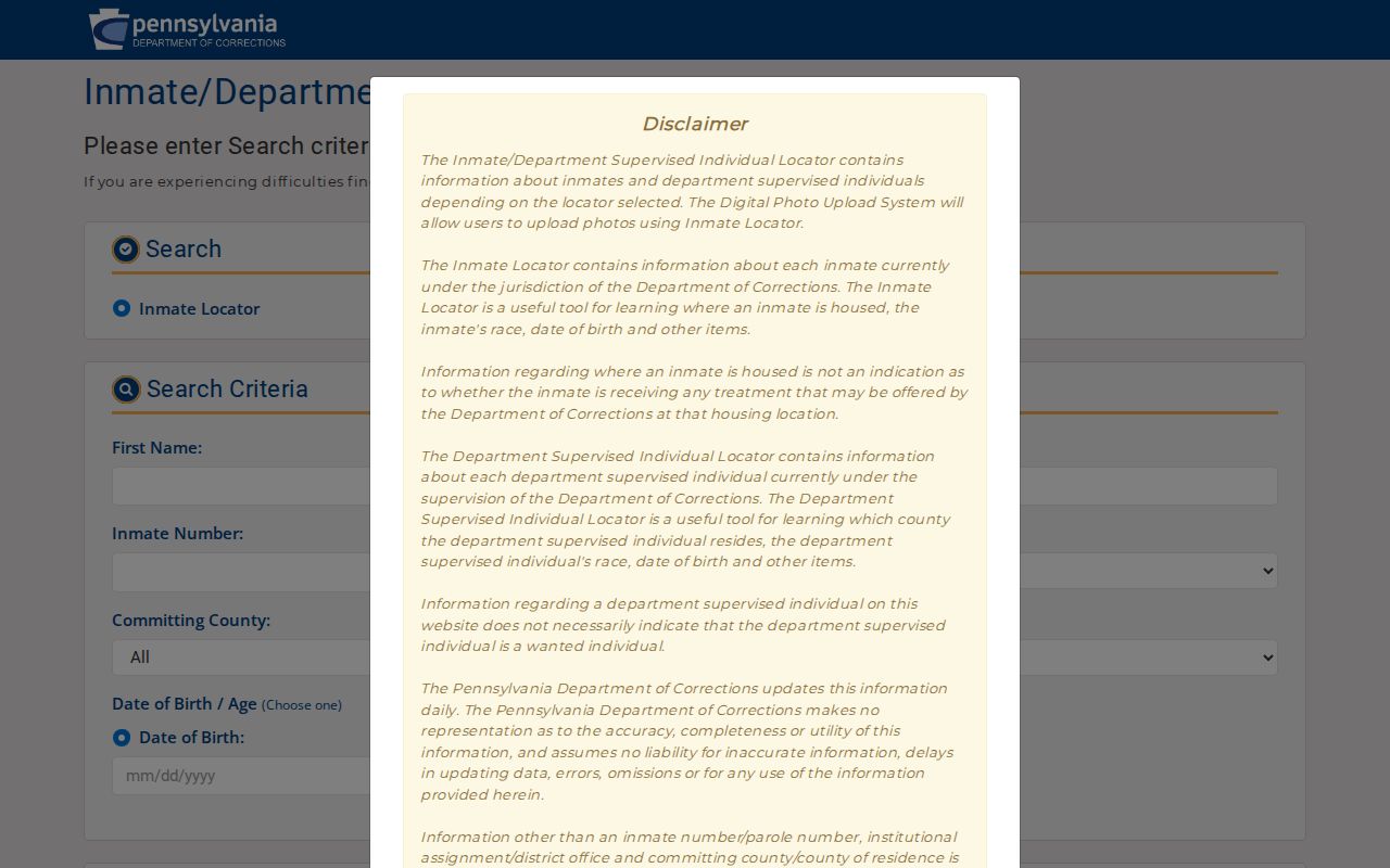 PA DOC search for Indiana County state-prison release records