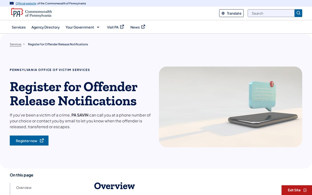 PA SAVIN notification route for Indiana County released inmates